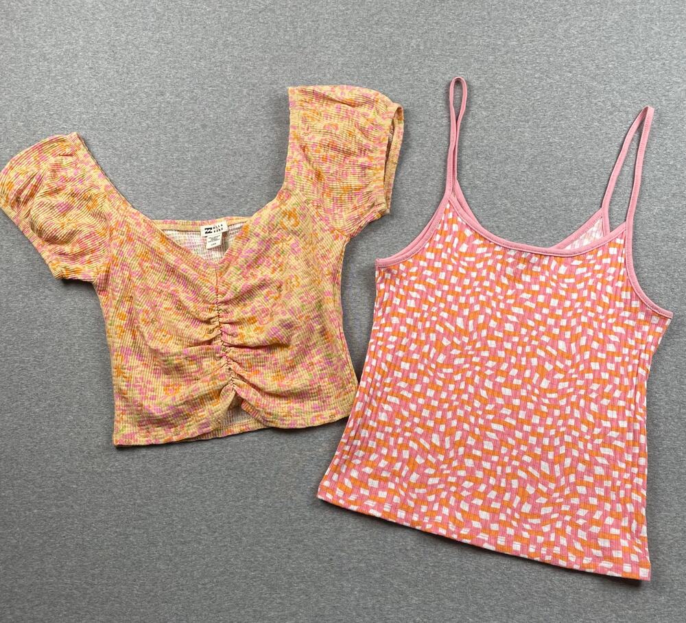 Lot of 2 Billabong Tops Womens L Orange Pink Floral Ribbed Knit Boho Beach Crop